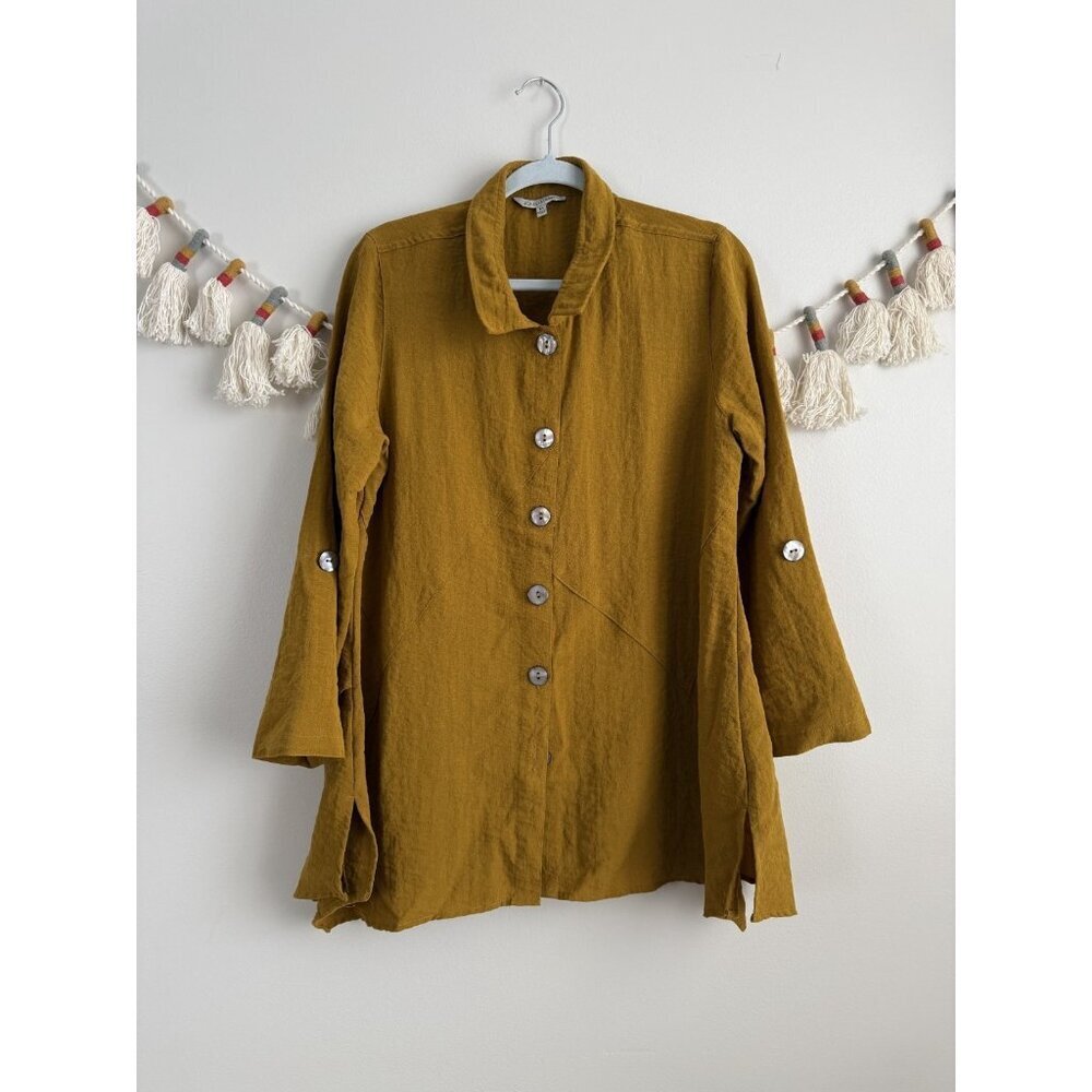 John Mark V-neck Button Down Asymmetric Lagenlook Tunic Top Yellow Coastal Boho